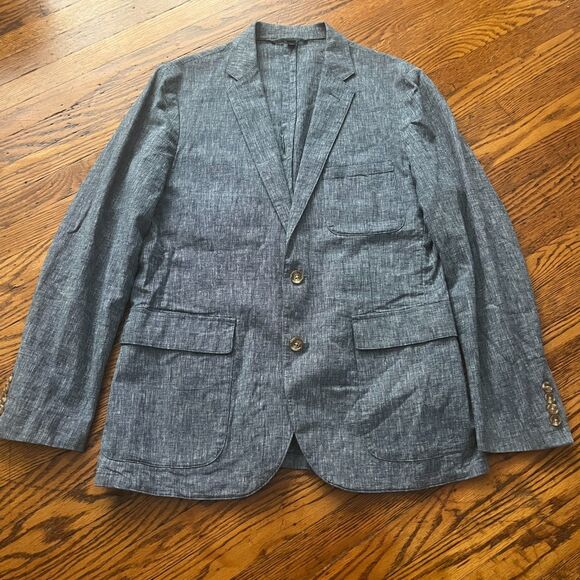 J Crew Blazer Men's M Grey Chambray Linen Blend Lightweight Unstructured Jacket - Picture 1 of 6